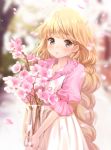  1girl :o bangs blonde_hair blurry blush cherry_blossoms depth_of_field dress eyebrows_visible_through_hair frilled_shirt_collar frills glass highres holding long_hair looking_at_viewer miyaza original outdoors parted_lips petals puffy_short_sleeves puffy_sleeves short_sleeves solo upper_body vase very_long_hair violet_eyes white_dress 