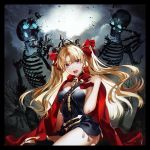  1girl blonde_hair cape earrings ereshkigal_(fate/grand_order) fate/grand_order fate_(series) hair_ribbon jewelry kyou_zip long_hair looking_at_viewer open_mouth red_cape red_eyes red_ribbon ribbon skeleton skull solo tiara tohsaka_rin twintails 