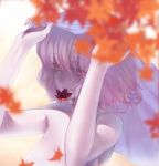  1girl arms_up blurry breasts kaiza_(rider000) large_breasts leaf looking_at_viewer maple_leaf mouth_hold nude out-of-frame_censoring pink_eyes pink_hair saigyouji_yuyuko short_hair smile solo touhou upper_body veil 