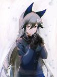  1girl animal_ears black_gloves blue_coat blush eyebrows_visible_through_hair fox_ears fur_trim gloves grey_eyes grey_hair hair_between_eyes kemono_friends long_hair looking_at_viewer naye own_hands_together parted_lips silver_fox_(kemono_friends) solo very_long_hair 