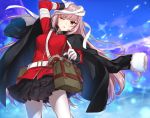  1girl bag bandage commentary_request fate/grand_order fate_(series) florence_nightingale_(fate/grand_order) gloves gun hair_down jacket_on_shoulders long_hair looking_at_viewer military military_uniform one_eye_closed pantyhose pepper_box_revolver pink_hair pleated_skirt red_eyes shirako_miso skirt solo uniform very_long_hair weapon white_gloves white_legwear 