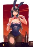  1girl alcohol alternate_costume animal_ears bare_shoulders between_breasts black-framed_eyewear black_hair black_legwear blush bow bowtie breasts bunny_girl bunnysuit cleavage commentary_request cup detached_collar drinking_glass fake_animal_ears glasses green_eyes hair_between_eyes hairband highres kantai_collection leg_up leotard long_hair looking_at_viewer medium_breasts ooyodo_(kantai_collection) pantyhose parted_lips rabbit_ears red_bow red_bowtie semi-rimless_glasses solo spilling under-rim_glasses wine_glass wrist_cuffs yuuji_(and) 