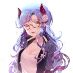  1girl backlighting bangs blue_hair breasts cleavage cropped_jacket demon_horns earrings eyebrows_visible_through_hair fangs glasses highres horns jacket jewelry large_breasts light_smile long_hair looking_at_viewer mechuragi open_clothes open_jacket open_mouth original purple_hair red-framed_eyewear semi-rimless_glasses solo tank_top under-rim_glasses upper_body wavy_hair white_background yellow_eyes 