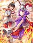  2girls antique_firearm arrow artist_name bangs blunderbuss blush bow_(weapon) breastplate breasts clash_royale crown dress eyebrows_visible_through_hair fantasy fire firearm gun helmet holding holding_bow_(weapon) holding_gun holding_weapon medium_breasts multiple_girls open_mouth pants purple_dress purple_hair red_pants short_hair short_sleeves smile tobi_(mue86) violet_eyes wavy_hair weapon 