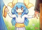  blue_hair blush_stickers bow child commentary cubehero dizzy flower guilty_gear hair_bow hand_holding long_hair red_eyes smile younger 