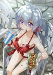  1girl ahoge bikini blush breasts cleavage drinking drinking_straw food food_on_body food_on_face from_above hair_between_eyes hot_dog long_hair looking_at_viewer low_twintails medium_breasts mouth_hold outdoors red_bikini senki_zesshou_symphogear silver_hair sitting solo sunlight swimsuit twintails tyuga very_long_hair violet_eyes yukine_chris 