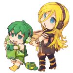  1boy 1girl 8&#039;108 backpack bag black_boots blonde_hair blue_eyes boots boots_removed box buck_teeth carrying chibi eyes_visible_through_hair full_body green_boots green_eyes green_hair green_shorts half-closed_eyes headphones lily_(vocaloid) long_hair open_mouth ryuuto_(vocaloid) shorts simple_background smile socks soda striped striped_legwear vest vocaloid walking white_background 