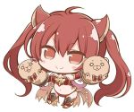  1girl ahoge angeltype animal_ears armor armored_boots bangs bare_shoulders bikini bikini_armor blush_stickers boots bow bowtie breasts brooch cerberus_(shingeki_no_bahamut) chibi cleavage closed_mouth demon_tail detached_collar dog_ears elbow_gloves eyebrows_visible_through_hair full_body gloves hair_between_eyes hand_puppet hand_up jewelry long_hair looking_at_viewer navel o_o outstretched_arm pink_bow puppet red_armor red_bikini red_bow red_bowtie red_eyes red_gloves redhead shingeki_no_bahamut shiny shiny_hair simple_background smile solo swimsuit tail thigh-highs thigh_boots twintails white_background 