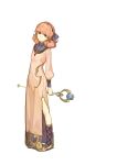  1girl absurdres brown_eyes curly_hair dress fire_emblem fire_emblem_echoes:_mou_hitori_no_eiyuuou full_body hairband hidari_(left_side) highres holding jenny_(fire_emblem) jewelry necklace official_art pink_hair shoes simple_background solo staff white_background 