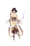  1girl adjusting_hair bow_(weapon) bracer breasts brown_eyes brown_hair brown_legwear cape cleavage dress full_body hair_ornament hairclip highres hitsuji_chronicle holding_bow_(weapon) large_breasts looking_at_viewer official_art pantyhose smile solo standing weapon white_cape yellow_dress 