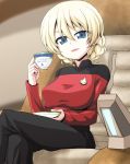  1girl :d black_pants blonde_hair blue_eyes blurry blurry_background braid breasts cup darjeeling emblem eyebrows_visible_through_hair french_braid girls_und_panzer hair_between_eyes head_tilt highres holding holding_cup jean-luc_picard kamishima_kanon large_breasts legs_crossed long_sleeves looking_at_viewer military military_uniform open_mouth pants saucer seat short_hair sitting smile solo star_trek star_trek:_the_next_generation teacup uniform 