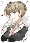  1girl beatrice blonde_hair blue_eyes butterfly character_name dated grin highres necktie short_hair sketch smile sofy solo umineko_no_naku_koro_ni vest 