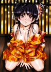  1girl absurdres bangs bare_shoulders black_hair blush breasts cleavage comic_tenma flower hair_flower hair_ornament highres indoors japanese_clothes kimono lipstick long_hair looking_at_viewer makeup medium_breasts sandals scan shiny shiny_hair shiny_skin sitting solo urushihara_satoshi violet_eyes 