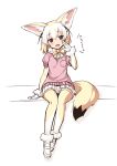  1girl animal_ears blonde_hair blush bow bowtie brown_eyes fennec_(kemono_friends) fox_ears fox_tail full_body gloves half-closed_eyes highres kemono_friends looking_at_viewer open_mouth pink_sweater pleated_skirt puffy_short_sleeves puffy_sleeves short_hair short_sleeves simple_background sitting skirt smile solo sweater sweater_vest tail text thigh-highs ugume white_background 