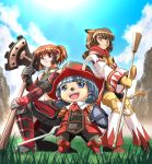  3girls :3 animal_ears armor bare_shoulders blue_eyes blue_hair blue_sky brown_eyes brown_hair clouds crop_top final_fantasy final_fantasy_xi fox_ears gloves grass grey_gloves hair_tubes hat highres hume iwako knee_pads knees_together_feet_apart midriff mithra mountain multiple_girls navel one_knee open_mouth shin_guards sky smile sword tail tarutaru vambraces weapon yellow_gloves 