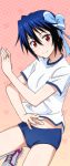  1girl blue_bow blue_buruma blue_hair bow gym_uniform hair_bow mole mole_under_eye nisekoi red_eyes shiny shiny_skin shirt short_hair short_sleeves solo tsugumi_seishirou white_legwear white_shirt 