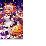  1girl alternate_costume animal_ears apron bell bell_collar breasts collar enmaided fangs fate/grand_order fate_(series) food fox_ears fox_tail ghost hair_ribbon large_breasts long_hair looking_at_viewer maid maid_apron maid_headdress official_art open_mouth paws pink_hair pumpkin ribbon solo tail tamamo_(fate)_(all) tamamo_cat_(fate) yellow_eyes 