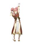  1girl absurdres arm_up boots breastplate curly_hair dress fire_emblem fire_emblem_echoes:_mou_hitori_no_eiyuuou full_body gloves headband hidari_(left_side) highres knee_boots long_hair mae_(fire_emblem) official_art one_eye_closed pelvic_curtain pink_hair simple_background smile solo twintails white_background white_gloves 
