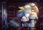  1girl 2boys blonde_hair blue_hair blush bookshelf bow closed_eyes commentary cross cubehero dizzy eyepatch guilty_gear hair_bow hug ky_kiske long_hair multiple_boys open_mouth ponytail short_hair sin_kiske smile tail wings 