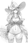  1girl bare_shoulders breasts hat heart iwauchi_tomoki large_breasts long_hair looking_at_viewer monochrome navel sketch smile solo standing thigh-highs 