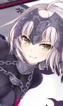  bankoku_ayuya breasts chains cleavage fate/grand_order fate_(series) headpiece jeanne_alter ruler_(fate/apocrypha) short_hair silver_hair smirk yellow_eyes 