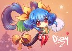  1girl alternate_color asymmetrical_wings birthday blue_hair bow box chibi christmas christmas_tree commentary cubehero dizzy gift gift_box guilty_gear hair_bow heart holding holding_gift long_hair red_eyes solo tail tail_bow thigh-highs wings 