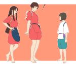  ! 1boy 2girls ? barefoot brown_hair crossover gake_no_ue_no_ponyo hakama haku hime_cut japanese_clothes jas long_hair multiple_girls rin_(sen_to_chihiro_no_kamikakushi) risa_(ponyo) sen_to_chihiro_no_kamikakushi short_hair simple_background tasuki 