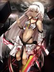  1girl altera_(fate) bandeau bangs bare_shoulders black_nails breasts choker closed_mouth clouds collarbone dark_clouds dark_skin dark-skinned_female detached_sleeves expressionless fate/extella fate/extra fate/grand_order fate_(series) frills highres holding holding_sword holding_weapon light_particles looking_at_viewer midriff nail_polish navel red_eyes shiguru short_hair small_breasts solo standing sword tattoo veil weapon white_hair 