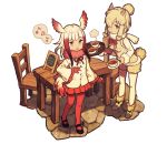  2girls :&gt; :d alpaca_ears alpaca_suri_(kemono_friends) alpaca_tail animal_ears arm_at_side bangs beamed_quavers beige_shorts beige_vest bird_tail bird_wings black_footwear black_ribbon black_shoes blonde_hair blue_eyes blunt_bangs boots breast_pocket buttons cafe chair collar crested_ibis_(kemono_friends) cup dot_nose drawstring eyebrows_visible_through_hair eyelashes fingernails from_side full_body fur-trimmed_boots fur-trimmed_sleeves fur_collar fur_trim gloves gradient_hair gradient_ribbon hair_bun hair_ornament hair_over_one_eye hair_ribbon hand_on_own_stomach head_wings highres holding holding_tray horizontal_pupils indoors jitome kemono_friends light_brown_eyes long_sleeves looking_at_viewer mary_janes menu multicolored multicolored_hair multicolored_ribbon multiple_girls music musical_note neck_ribbon open_mouth outline pantyhose pantyhose_under_shorts pink_ribbon pleated_skirt pocket quaver red_gloves red_legwear red_skirt redhead ribbon sakida_kiyu saucer shadow shirt shoe_ribbon shoes short_hair short_hair_with_long_locks shorts sidelocks singing skirt smile speech_bubble spoken_musical_note standing stone_floor swept_bangs table tail tareme tea teacup tray tress_ribbon two-tone_hair vapors vest white_background white_hair white_legwear white_shirt wide_sleeves wings wooden_chair wooden_table yellow_ribbon 