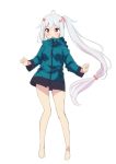  1girl :o ahoge bangs blush bow cosplay eromanga_sensei eyebrows_visible_through_hair full_body grey_hair hair_bow hair_ornament hair_scrunchie izumi_sagiri izumi_sagiri_(cosplay) jacket long_hair open_mouth original pink_bow red_eyes scrunchie shirono_mirai side_ponytail simple_background sketch solo standing very_long_hair white_background zero_(miraichizu) 