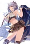  1girl ahoge bare_shoulders belt between_breasts braid breasts closed_mouth contrapposto granblue_fantasy jacket jacket_removed large_breasts light_brown_eyes long_hair midriff navel over-kneehighs sabanobori sideboob silva_(granblue_fantasy) silver_hair simple_background skirt solo thigh-highs twin_braids undressing 
