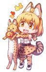  1girl acea4 animal_ears animalization blonde_hair cross-laced_clothes dress dual_persona elbow_gloves full_body gloves high-waist_skirt japari_bun kemono_friends longcat mouth_hold open_mouth polka_dot polka_dot_legwear serval serval_(kemono_friends) serval_ears serval_print serval_tail skirt sleeveless striped_tail tail thigh-highs upper_teeth yellow_border yellow_eyes 