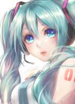  1girl aqua_hair arm_tattoo artist_name blue_eyes dated from_side hair_between_eyes hatsune_miku headset lma long_hair number parted_lips revision simple_background solo tattoo twintails upper_body vocaloid white_background 
