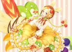  1girl :p apple banana bare_shoulders blonde_hair blueberry braid brown_eyes cherry chocolate choker cream detached_sleeves dress food food_as_clothes food_themed_clothes fruit hair_ornament hat ice_cream kiwi long_hair melon orange_(fruit) original ribbon ruffles shoes solo spoon star striped_background tongue twin_braids yellow_dress 