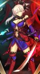  1girl absurdres blue_eyes breasts cleavage detached_sleeves earrings fate/grand_order fate_(series) hair_ornament highres japanese_clothes jewelry katana kimono large_breasts long_hair looking_at_viewer miyamoto_musashi_(fate/grand_order) navel paperfinger ponytail sash smile solo sword thigh-highs weapon 