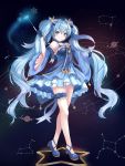  1girl constellation detached_sleeves dress fingerless_gloves full_body gloves hatsune_miku highres long_hair looking_at_viewer munape outstretched_arm smile solo star twintails very_long_hair vocaloid wand yuki_miku 