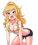  1girl bikini blonde_hair blue_eyes breasts cleavage idolmaster idolmaster_cinderella_girls leaning_forward long_hair navel ootsuki_yui open_mouth ponytail short_shorts shorts simple_background solo striped striped_bikini swimsuit white_background yasuhito 