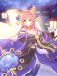  1girl animal_ears babouo bow breasts cleavage detached_sleeves fate/extra fate/grand_order fate_(series) fox_ears fox_tail hair_bow hair_ribbon japanese_clothes large_breasts looking_at_viewer multiple_tails pink_hair ribbon solo tail tamamo_(fate)_(all) tamamo_no_mae_(fate) yellow_eyes 