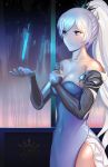  1girl absurdres blue_eyes breasts china_dress chinese_clothes cleavage detached_sleeves dress earrings highres jewelry long_hair reflection rwby side_ponytail side_slit solo sword tiara weapon weiss_schnee white_hair window zhao_shixuan 