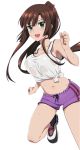  1girl :d black_legwear breasts brown_hair cleavage collarbone floating_hair green_eyes gym_shorts hair_ribbon high_ponytail kirasaka_sayaka large_breasts long_hair looking_at_viewer midriff navel one_leg_raised open_mouth purple_shorts red_ribbon ribbon runing shirt short_shorts shorts sideboob sleeveless sleeveless_shirt smile socks solo stomach strike_the_blood sweat tank_top tied_shirt transparent_background very_long_hair wet wet_clothes wet_shirt 