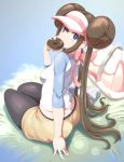  1girl ass bag black_legwear blue_background blue_eyes bow breasts brown_hair chocolate dimples_of_venus double_bun doughnut food food_in_mouth hair_bun highres kous_(onetwojustice) long_hair long_sleeves looking_at_viewer looking_back medium_breasts mei_(pokemon) pantyhose pantyhose_under_shorts pink_bow pokemon pokemon_(game) pokemon_bw2 shirt shoes shorts sideboob simple_background sitting sleeves_past_elbows solo thighs twintails visor_cap yellow_shorts 