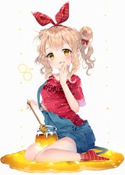  1girl :q bangs blonde_hair blush bow closed_mouth clothes_writing commentary double_bun english full_body hair_bow hand_up hexagon honey honey_dipper honeypot lib original overalls red_legwear red_shirt shirt short_sleeves sitting socks solo striped striped_bow striped_legwear tongue tongue_out wariza wavy_hair yellow_eyes 