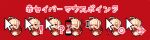  ! 1girl ? ahoge blonde_hair chibi closed_eyes commentary_request cursor dress eyebrows_visible_through_hair green_eyes hourglass munuko open_mouth pixel_art red_background red_dress saber_of_red simple_background sleeping sweat text 