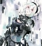  1girl android black_dress blue_eyes breasts cleavage cleavage_cutout digital_dissolve dress en4xx gloves hair_between_eyes highres juliet_sleeves long_sleeves mole mole_under_mouth nier_(series) nier_automata pale_skin puffy_sleeves short_hair traditional_media watercolor_(medium) white_hair yorha_no._2_type_b 