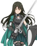  1girl armor black_hair cape character_request collarbone cowboy_shot floating_hair gloves green_cape green_skirt grey_gloves hair_between_eyes holding holding_sword holding_weapon long_hair looking_at_viewer miniskirt orange_eyes pleated_skirt shield simple_background skirt solo standing sword sword_art_online thigh-highs very_long_hair weapon white_background 