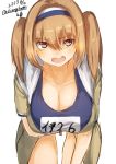  1girl angry annoyed bent_over breasts brown_eyes brown_hair cleavage collarbone dated eyebrows_visible_through_hair hairband hanging_breasts highres i-26_(kantai_collection) kantai_collection large_breasts leaning_forward light_brown_eyes light_brown_hair long_hair looking_at_viewer name_tag one-piece_swimsuit open_clothes open_mouth sailor_collar school_swimsuit shiragiku1991 short_sleeves solo swimsuit swimsuit_under_clothes twitter_username two-tone_hairband two_side_up white_background 