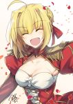  1girl :d ^_^ ^o^ ahoge bangs blonde_hair blush braid breasts cleavage cleavage_cutout closed_eyes collarbone epaulettes fate/extra fate_(series) happy highres nikame open_mouth petals saber_extra signature smile solo upper_body 