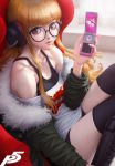  1girl cellphone flip_phone fur_trim headphones highres jacket logo necronomicon_(persona_5) off_shoulder orange_hair parted_lips persona persona_5 phone sakura_futaba short_shorts shorts sitting solo stanley_lau thigh-highs 