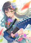  1girl bang_dream! bangs black_hair blue_dress blue_rose brown_hair confetti dress electric_guitar fingernails flower from_above glint green_eyes guitar hair_flower hair_ornament hair_ribbon hanazono_tae holding_instrument instrument light_smile long_hair looking_at_viewer mouth_hold multicolored_hair perspective plectrum red_rose ribbon rose scrunchie short_sleeves smile striped terumii upper_body vertical-striped_dress vertical_stripes wrist_scrunchie 
