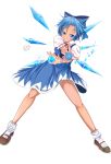  1girl blue_bow blue_dress blue_eyes blue_hair blush bobby_socks bow cirno dress flying foreshortening full_body grin hair_bow hair_slicked_back highres himura_1129 ice ice_wings incoming_attack kedama looking_at_viewer mary_janes puffy_short_sleeves puffy_sleeves river shoes short_hair short_sleeves smile snow socks tan touhou tree white_legwear wings 